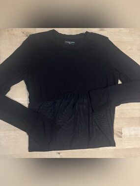 Michael Lauren Black cropped Long-Sleeve Top with Sheer Mesh bottom panel